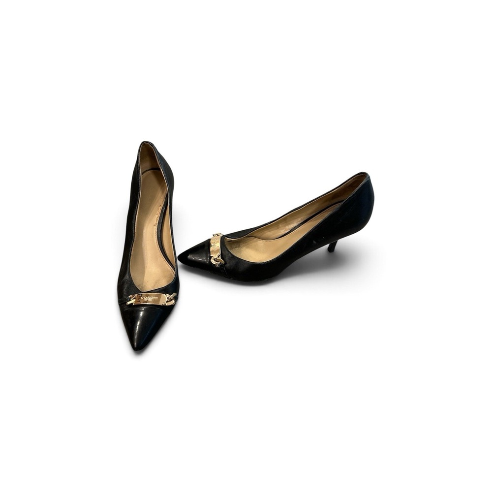 Coach Bowery Black Leather Pointed Toe Kitten Heel Sz 8.5 A4756 Gold Plaque Logo